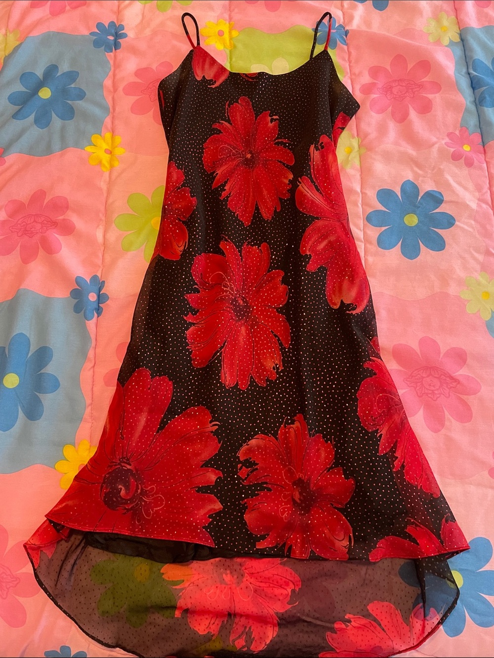 Jessica Black Slip Dress with Red Floral Print